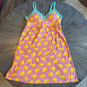 Betsey Johnson Floral Slip Dress | Lace Trim Cami | Pink & Yellow Roses